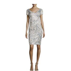 THEIA Brocade Design Metallic Silver Gray Floral Cocktail Dress Size 8 NWOT